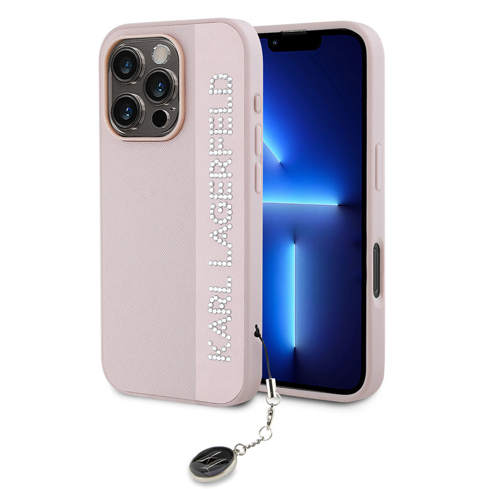 iPhone 16 Pro Max Kılıf Karl Lagerfeld Orijinal Lisanslı Anahtarlıklı Taşlı KL Yazılı Saffiano Rhinestones Kılıf