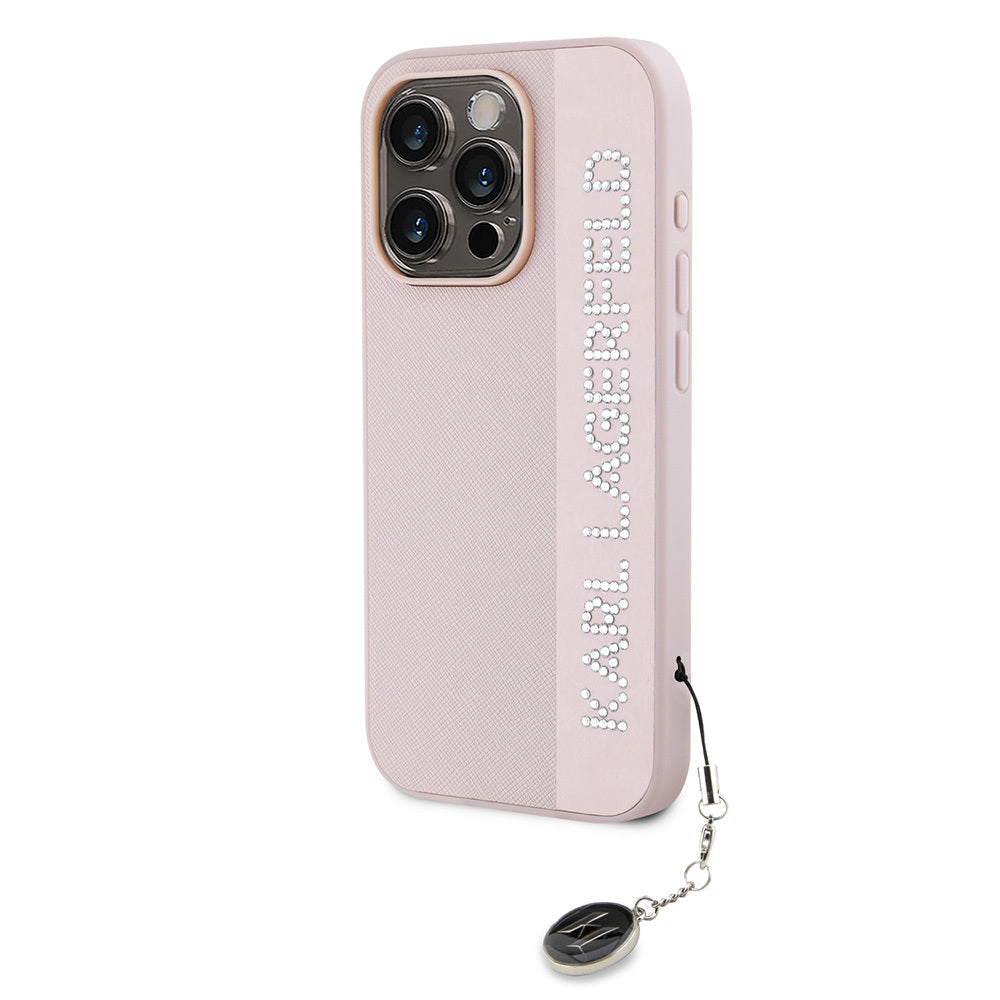 iPhone 16 Pro Max Kılıf Karl Lagerfeld Orijinal Lisanslı Anahtarlıklı Taşlı KL Yazılı Saffiano Rhinestones Kılıf
