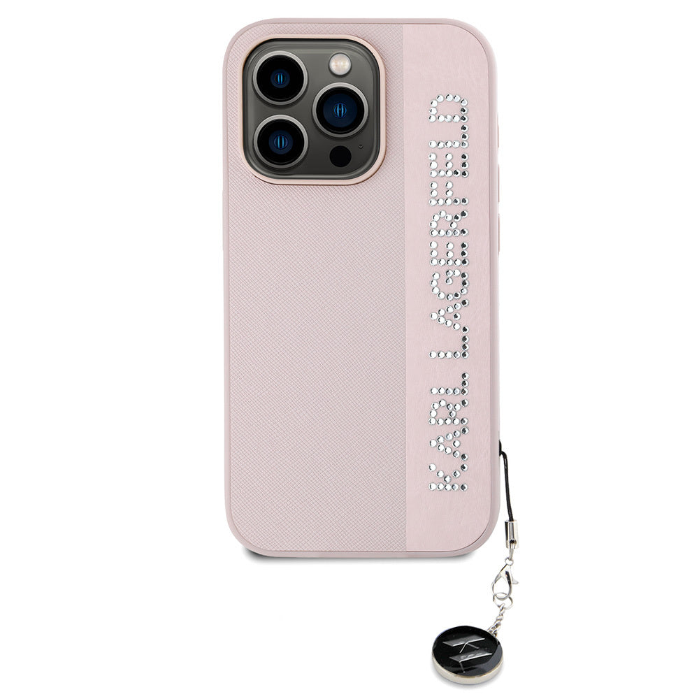 iPhone 16 Pro Max Kılıf Karl Lagerfeld Orijinal Lisanslı Anahtarlıklı Taşlı KL Yazılı Saffiano Rhinestones Kılıf