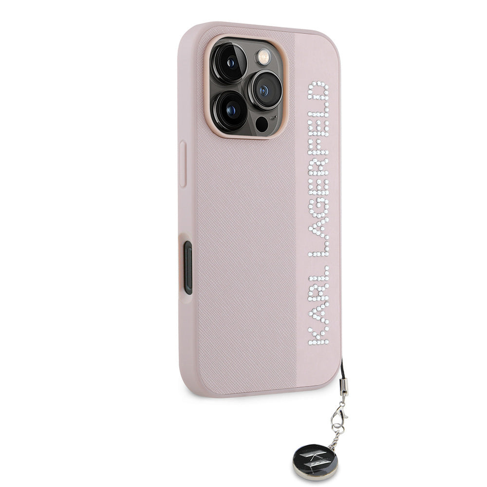 iPhone 16 Pro Max Kılıf Karl Lagerfeld Orijinal Lisanslı Anahtarlıklı Taşlı KL Yazılı Saffiano Rhinestones Kılıf