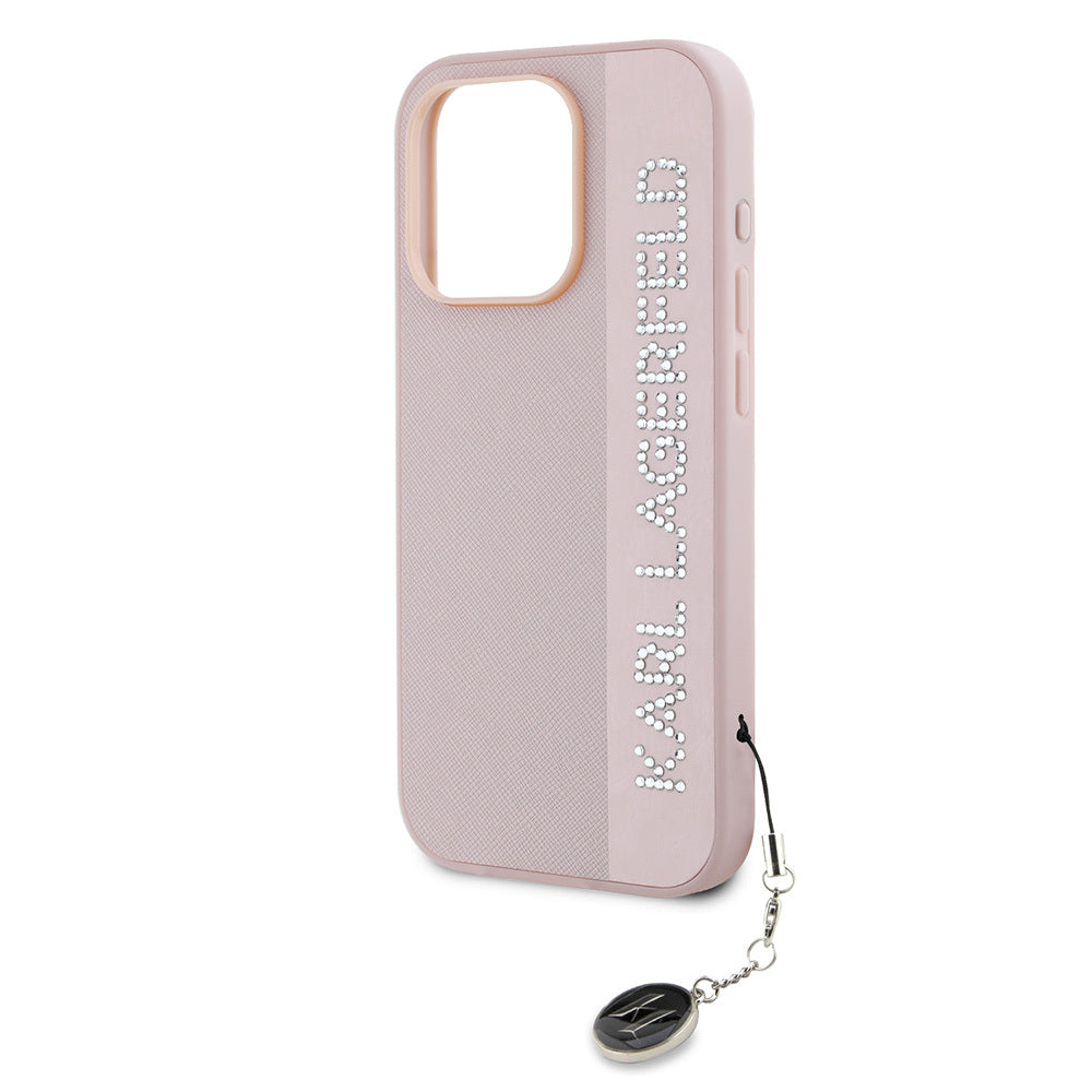 iPhone 16 Pro Max Kılıf Karl Lagerfeld Orijinal Lisanslı Anahtarlıklı Taşlı KL Yazılı Saffiano Rhinestones Kılıf