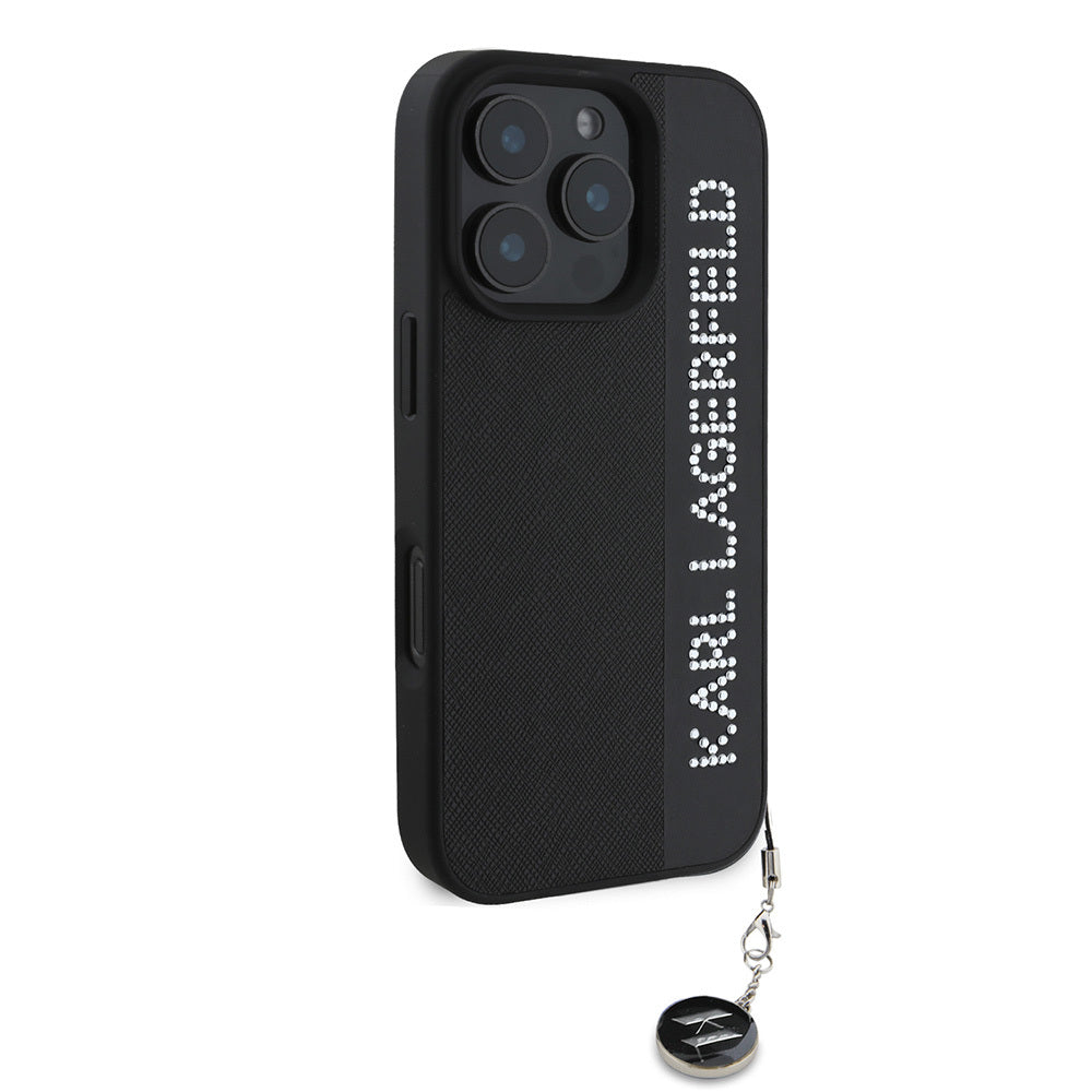iPhone 16 Pro Max Kılıf Karl Lagerfeld Orijinal Lisanslı Anahtarlıklı Taşlı KL Yazılı Saffiano Rhinestones Kılıf
