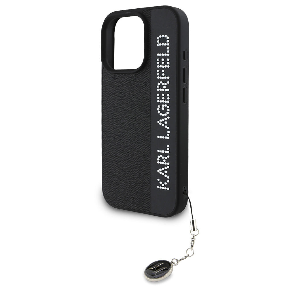 iPhone 16 Pro Max Kılıf Karl Lagerfeld Orijinal Lisanslı Anahtarlıklı Taşlı KL Yazılı Saffiano Rhinestones Kılıf