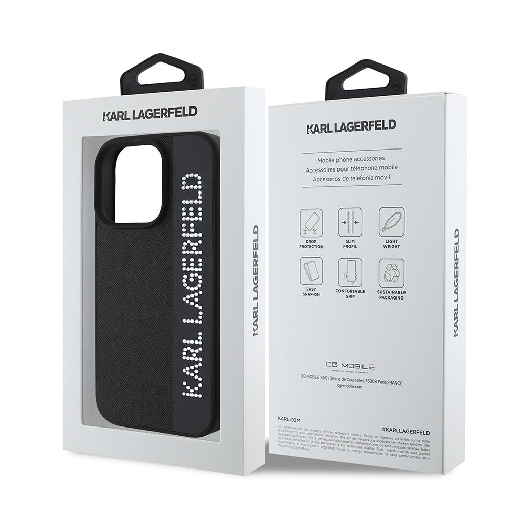 iPhone 16 Pro Max Kılıf Karl Lagerfeld Orijinal Lisanslı Anahtarlıklı Taşlı KL Yazılı Saffiano Rhinestones Kılıf