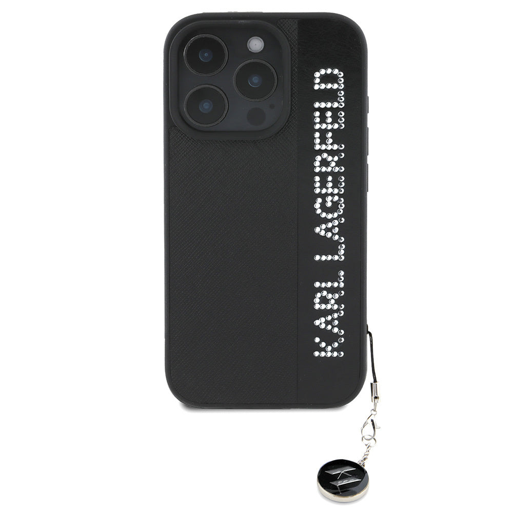iPhone 16 Pro Max Kılıf Karl Lagerfeld Orijinal Lisanslı Anahtarlıklı Taşlı KL Yazılı Saffiano Rhinestones Kılıf