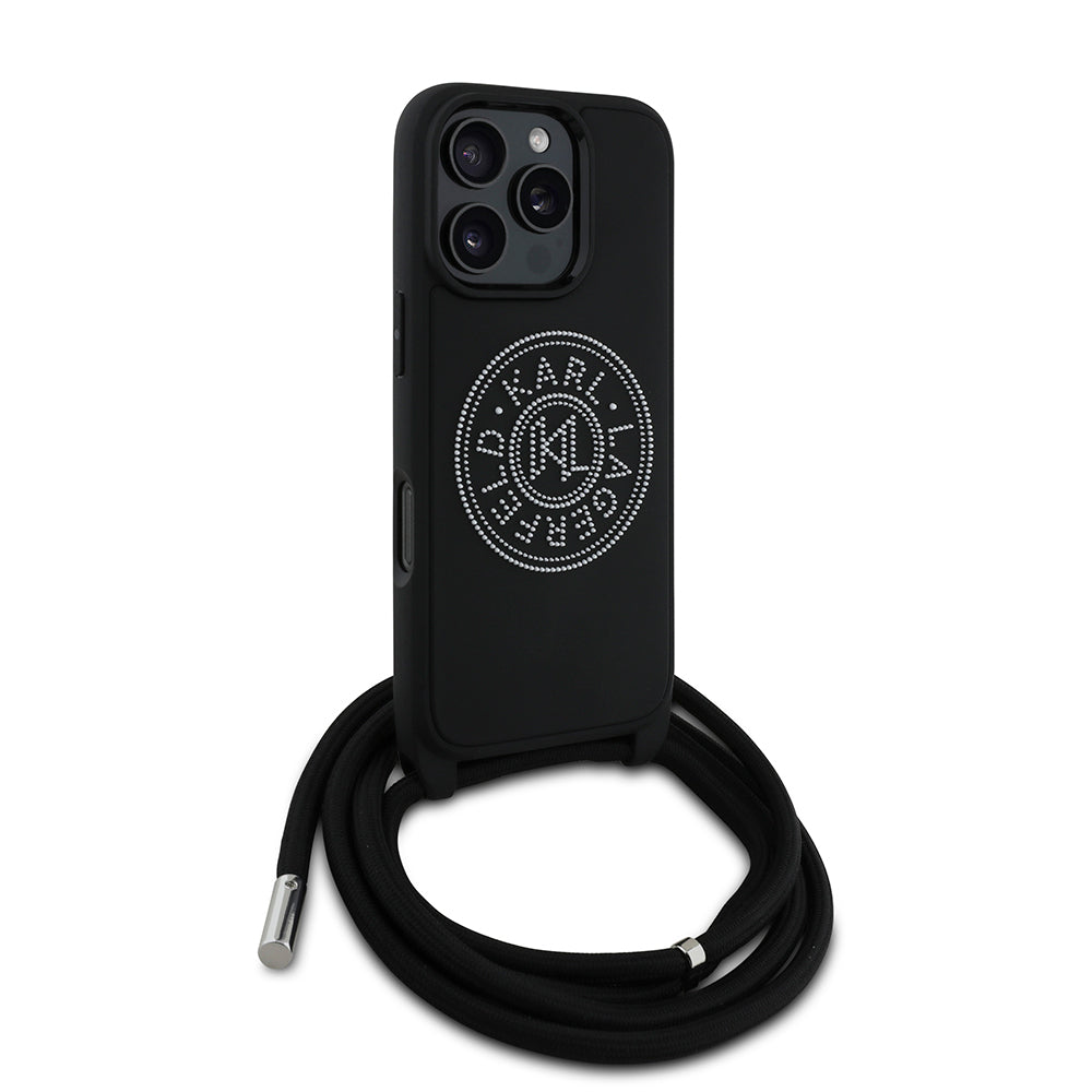 iPhone 16 Pro Max Kılıf Karl Lagerfeld Orijinal Lisanslı Askı İpli Taşlı KL Yazılı Crossbody Cord Kılıf