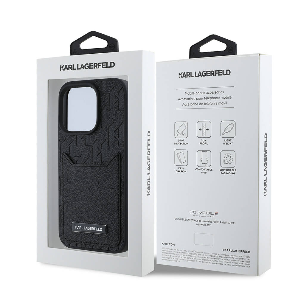 iPhone 16 Pro Max Kılıf Karl Lagerfeld Orijinal Lisanslı Kartlıklı Monogram Sıcak Damgalı Elongated Logo Kılıf