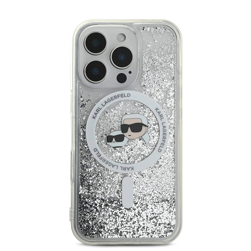 iPhone 16 Pro Max Kılıf Karl Lagerfeld Orijinal Lisanslı M-safe Şarj Özellikli Sıvılı Simli KC Heads Kılıf
