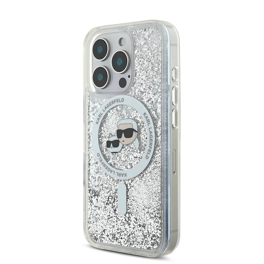 iPhone 16 Pro Max Kılıf Karl Lagerfeld Orijinal Lisanslı M-safe Şarj Özellikli Sıvılı Simli KC Heads Kılıf