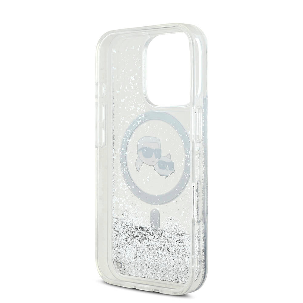 iPhone 16 Pro Max Kılıf Karl Lagerfeld Orijinal Lisanslı M-safe Şarj Özellikli Sıvılı Simli KC Heads Kılıf
