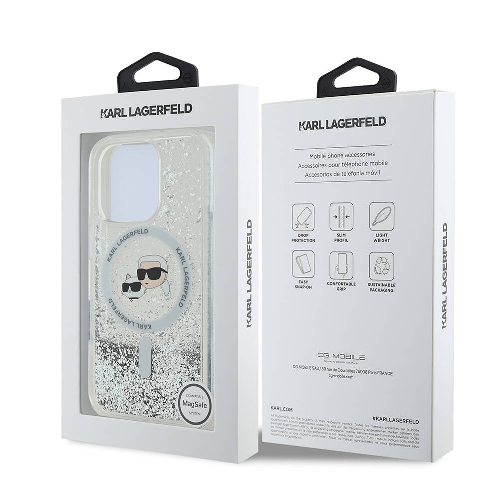 iPhone 16 Pro Max Kılıf Karl Lagerfeld Orijinal Lisanslı M-safe Şarj Özellikli Sıvılı Simli KC Heads Kılıf