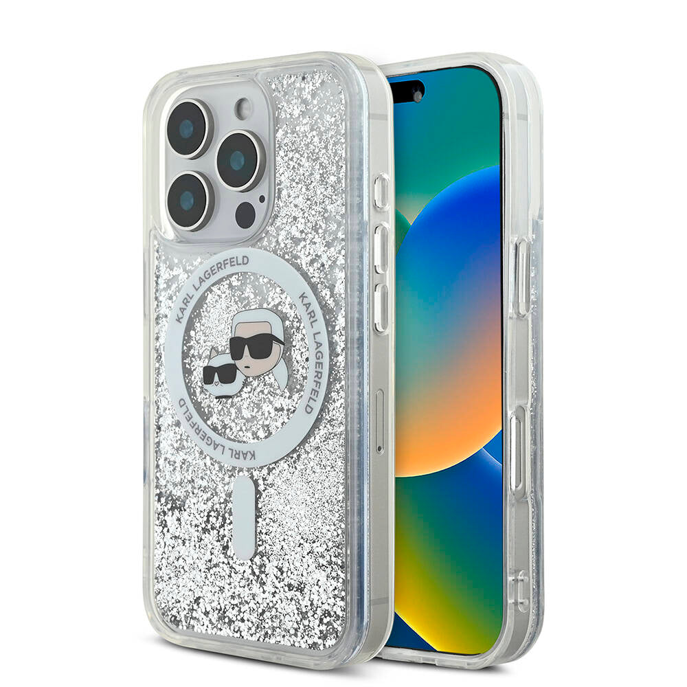 iPhone 16 Pro Max Kılıf Karl Lagerfeld Orijinal Lisanslı M-safe Şarj Özellikli Sıvılı Simli KC Heads Kılıf
