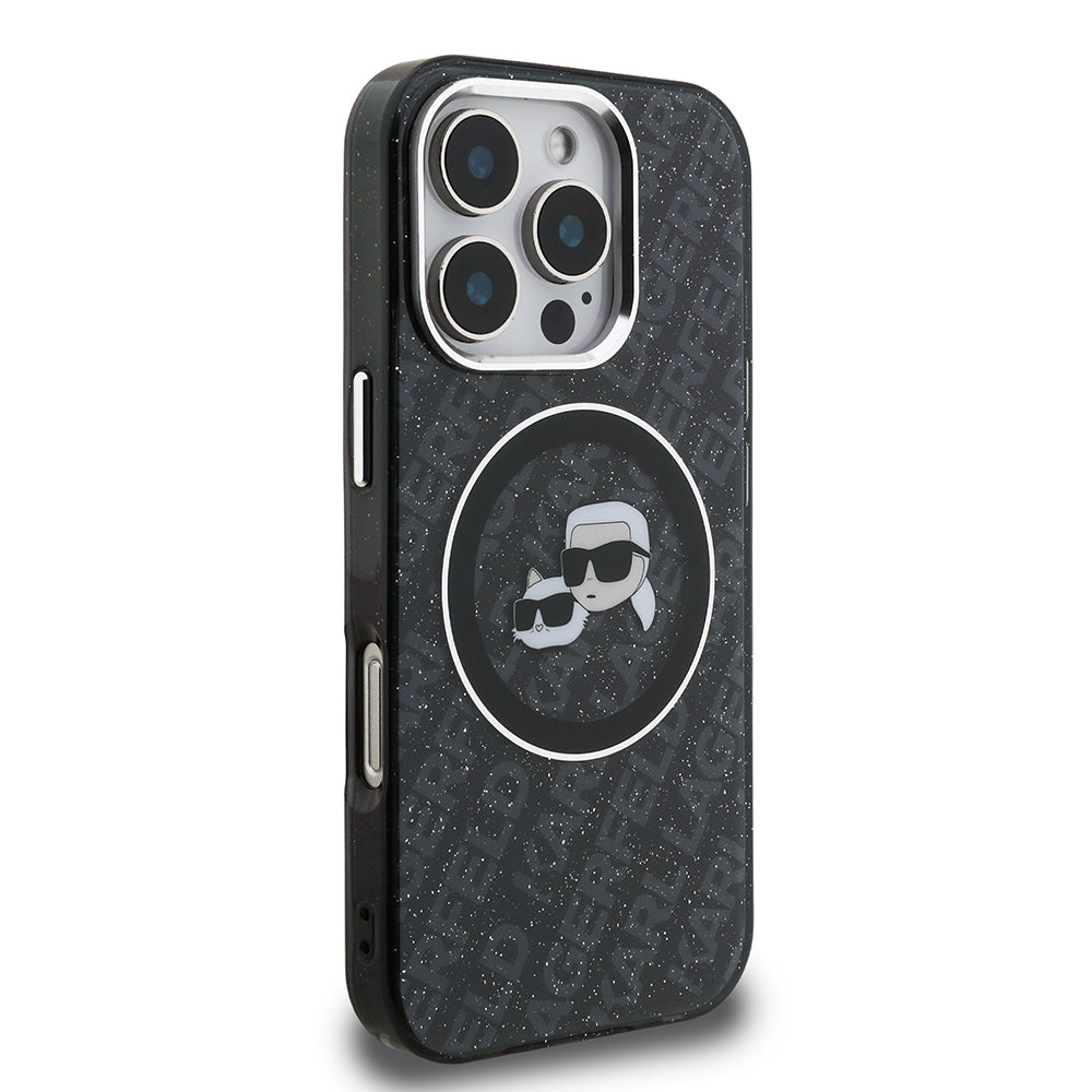 iPhone 16 Pro Max Kılıf Karl Lagerfeld Orijinal Lisanslı Parlayan Simli Karl & Choupette Heads Kılıf