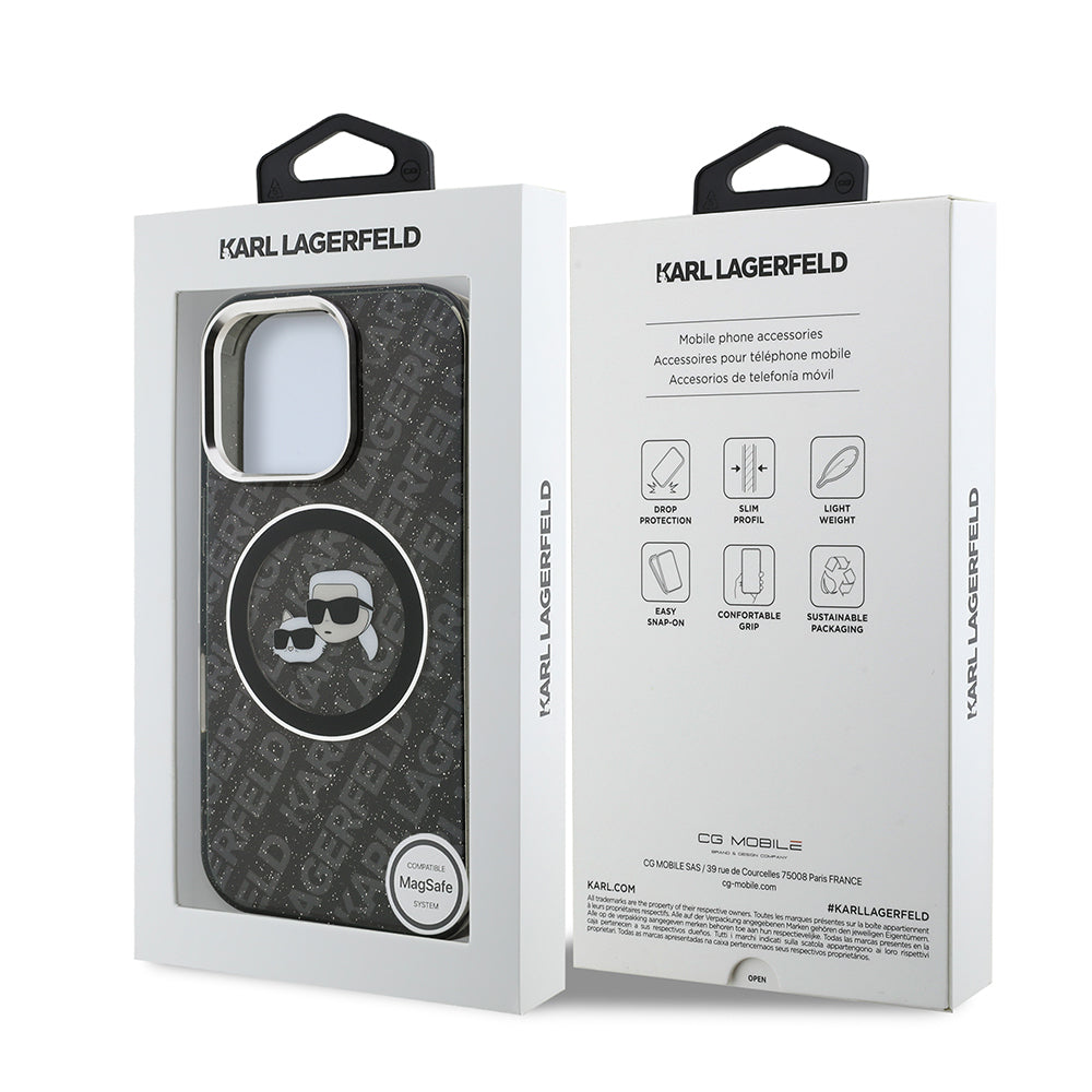 iPhone 16 Pro Max Kılıf Karl Lagerfeld Orijinal Lisanslı Parlayan Simli Karl & Choupette Heads Kılıf