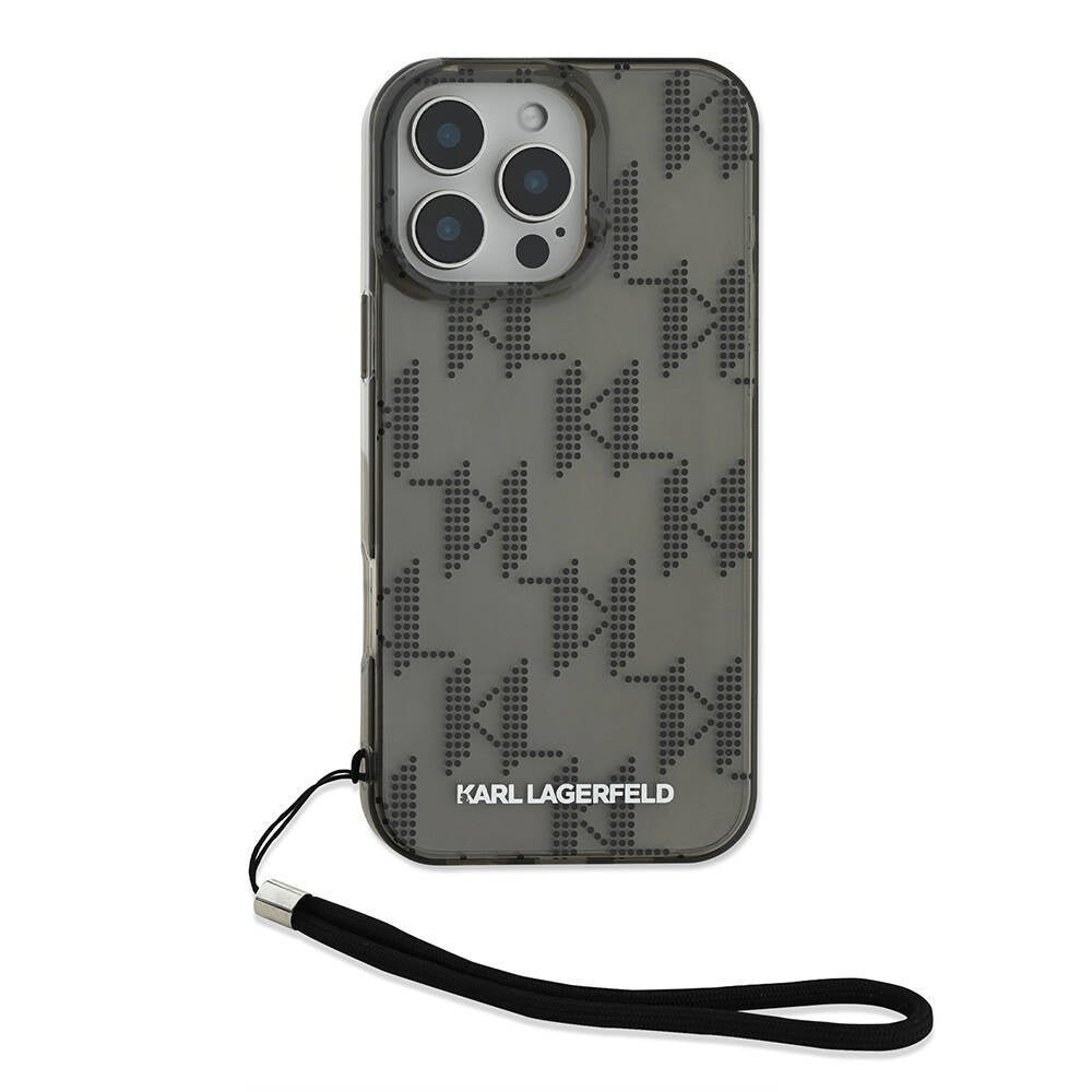 iPhone 16 Pro Max Kılıf Karl Lagerfeld Orijinal Lisanslı KL Desenli Saydam Bilek Askı İpli Klasik Logolu Kılıf