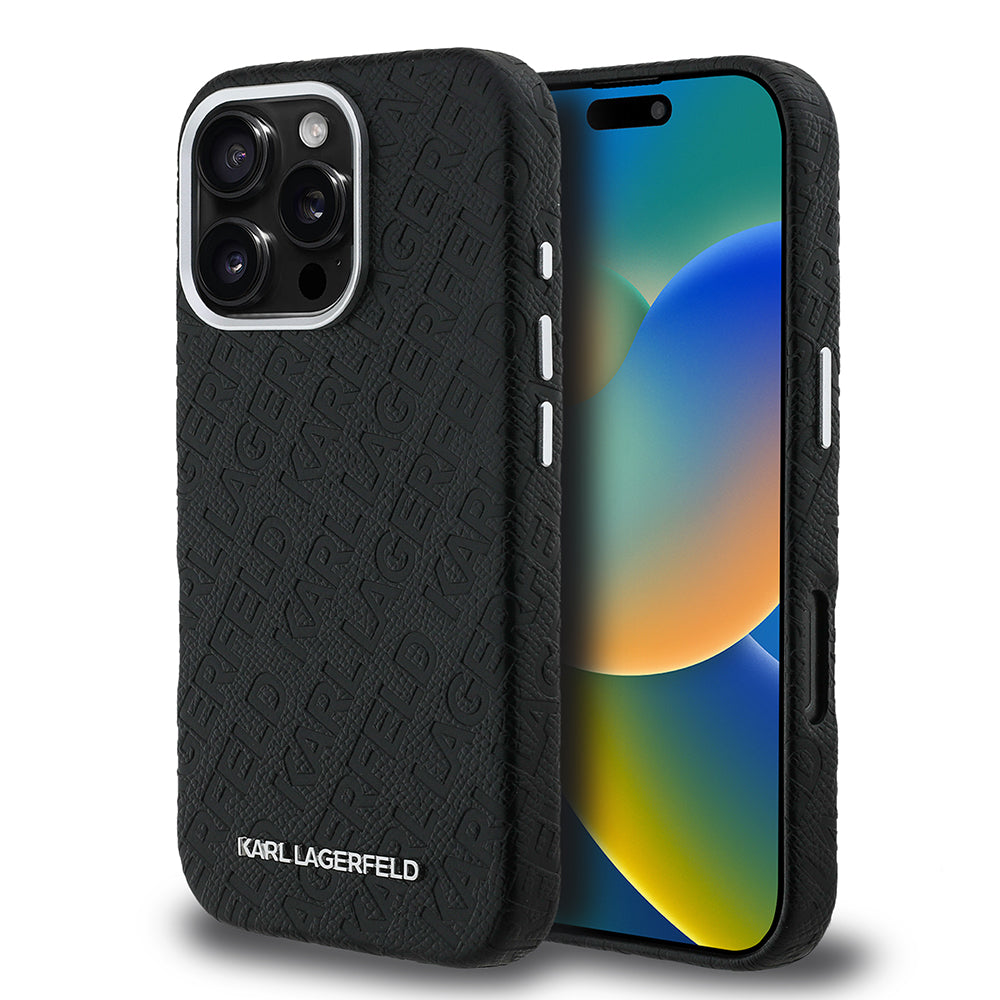 iPhone 16 Pro Max Kılıf Karl Lagerfeld Orijinal Lisanslı PU Deri Damgalı Metal Yazı Logolu Kılıf