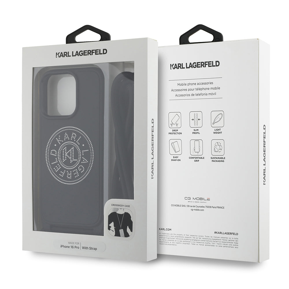 iPhone 16 Pro Max Kılıf Karl Lagerfeld orijinal Lisanslı Askı İpli Taşlı KL Yazılı Crossbody Cord Kılıf