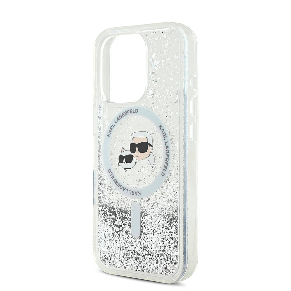 iPhone 16 Pro Max Kılıf Karl Lagerfeld orijinal Lisanslı M-safe Şarj Özellikli Sıvılı Simli KC Heads Kılıf