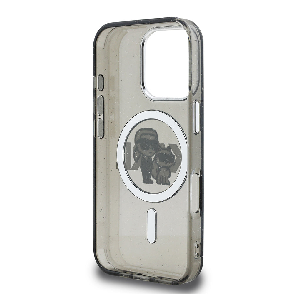 iPhone 16 Pro Max Kılıf Karl Lagerfeld orijinal Lisanslı Parlayan Simli Karl & Choupette Sketch Logo Kılıf