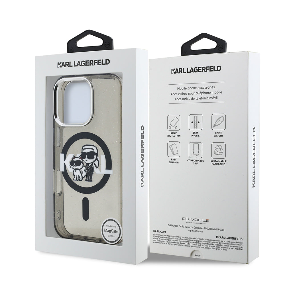 iPhone 16 Pro Max Kılıf Karl Lagerfeld orijinal Lisanslı Parlayan Simli Karl & Choupette Sketch Logo Kılıf