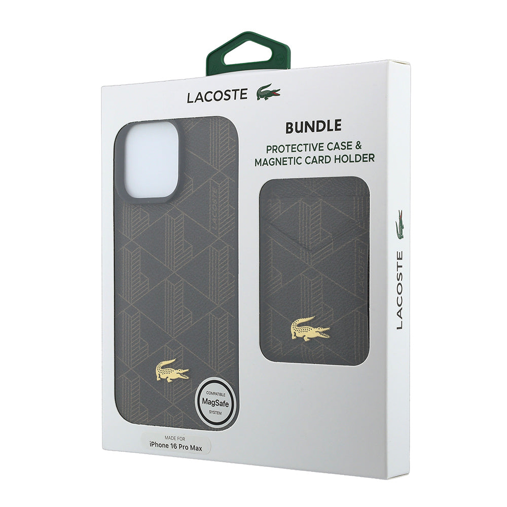 iPhone 16 Pro Max Kılıf Lacoste Orijinal Lisanslı M-safe Şarj Özellikli PU Deri Tasarımlı Kartlıklı Karışık Monogram Desenli Kılıf