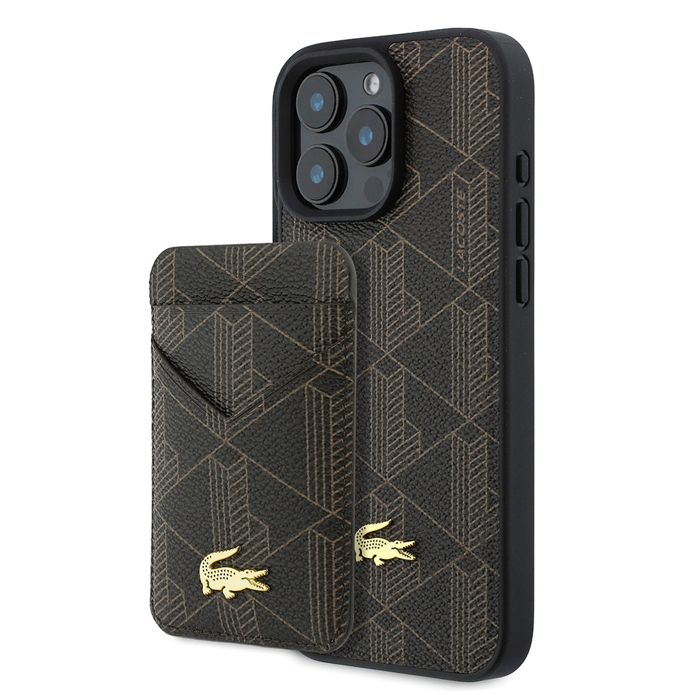 iPhone 16 Pro Max Kılıf Lacoste Orijinal Lisanslı M-safe Şarj Özellikli PU Deri Tasarımlı Kartlıklı Karışık Monogram Desenli Kılıf