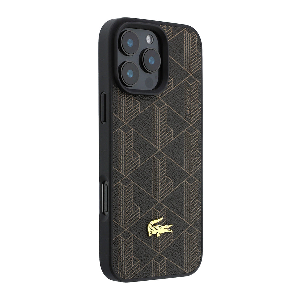iPhone 16 Pro Max Kılıf Lacoste Orijinal Lisanslı M-safe Şarj Özellikli PU Deri Tasarımlı Kartlıklı Karışık Monogram Desenli Kılıf