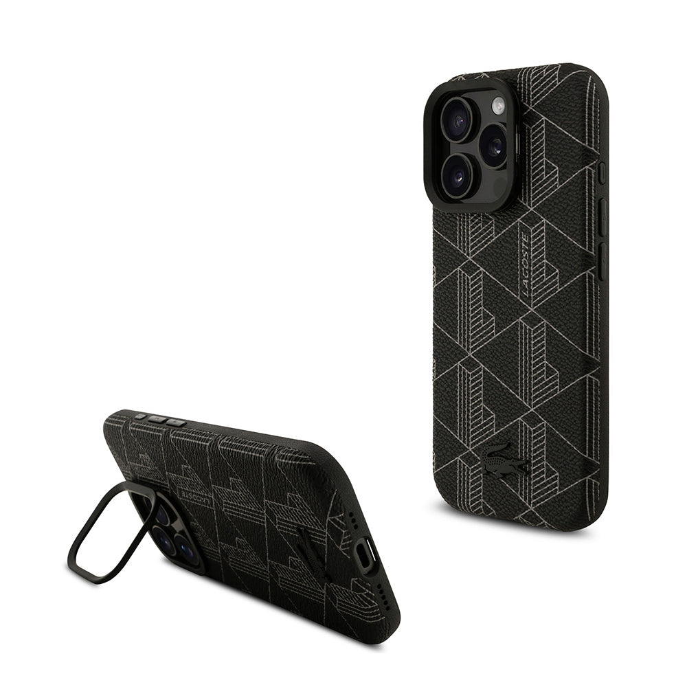 iPhone 16 Pro Max Kılıf Lacoste Orijinal Lisanslı M-safe Şarj Özellikli Standlı PU Deri Karışık Monogram Desenli Kılıf