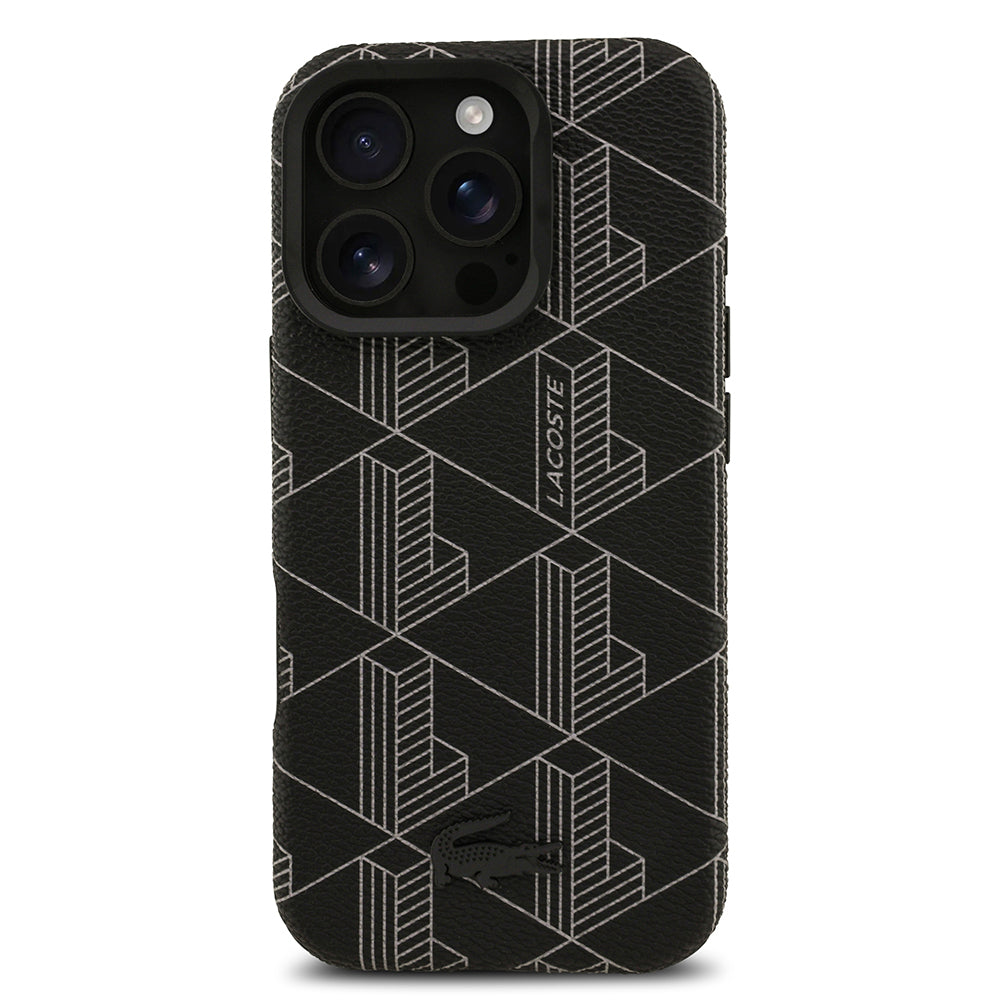 iPhone 16 Pro Max Kılıf Lacoste Orijinal Lisanslı M-safe Şarj Özellikli Standlı PU Deri Karışık Monogram Desenli Kılıf