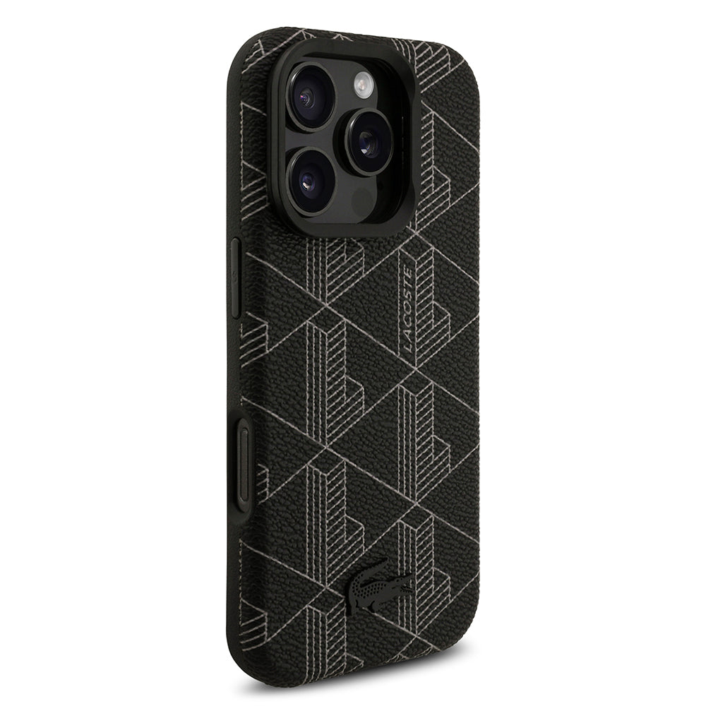iPhone 16 Pro Max Kılıf Lacoste Orijinal Lisanslı M-safe Şarj Özellikli Standlı PU Deri Karışık Monogram Desenli Kılıf