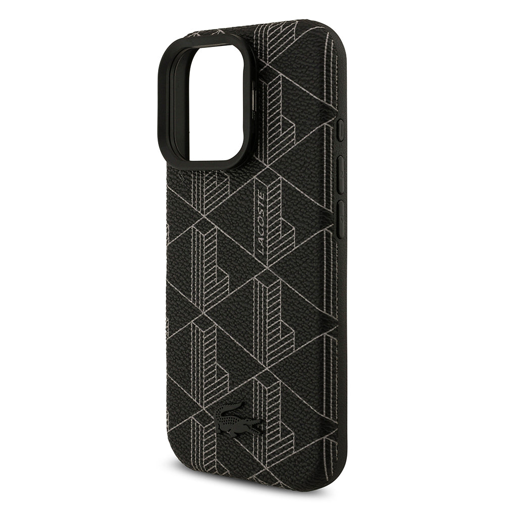 iPhone 16 Pro Max Kılıf Lacoste Orijinal Lisanslı M-safe Şarj Özellikli Standlı PU Deri Karışık Monogram Desenli Kılıf