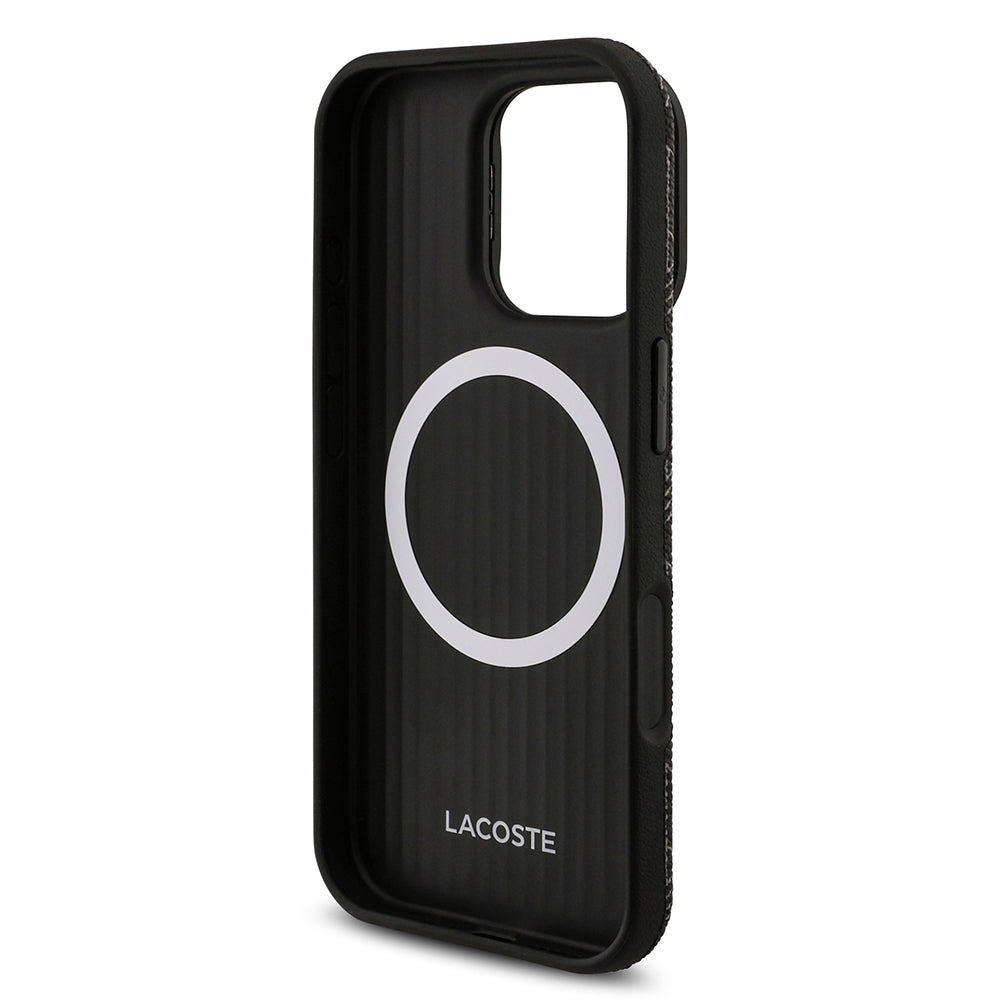 iPhone 16 Pro Max Kılıf Lacoste Orijinal Lisanslı M-safe Şarj Özellikli Standlı PU Deri Karışık Monogram Desenli Kılıf