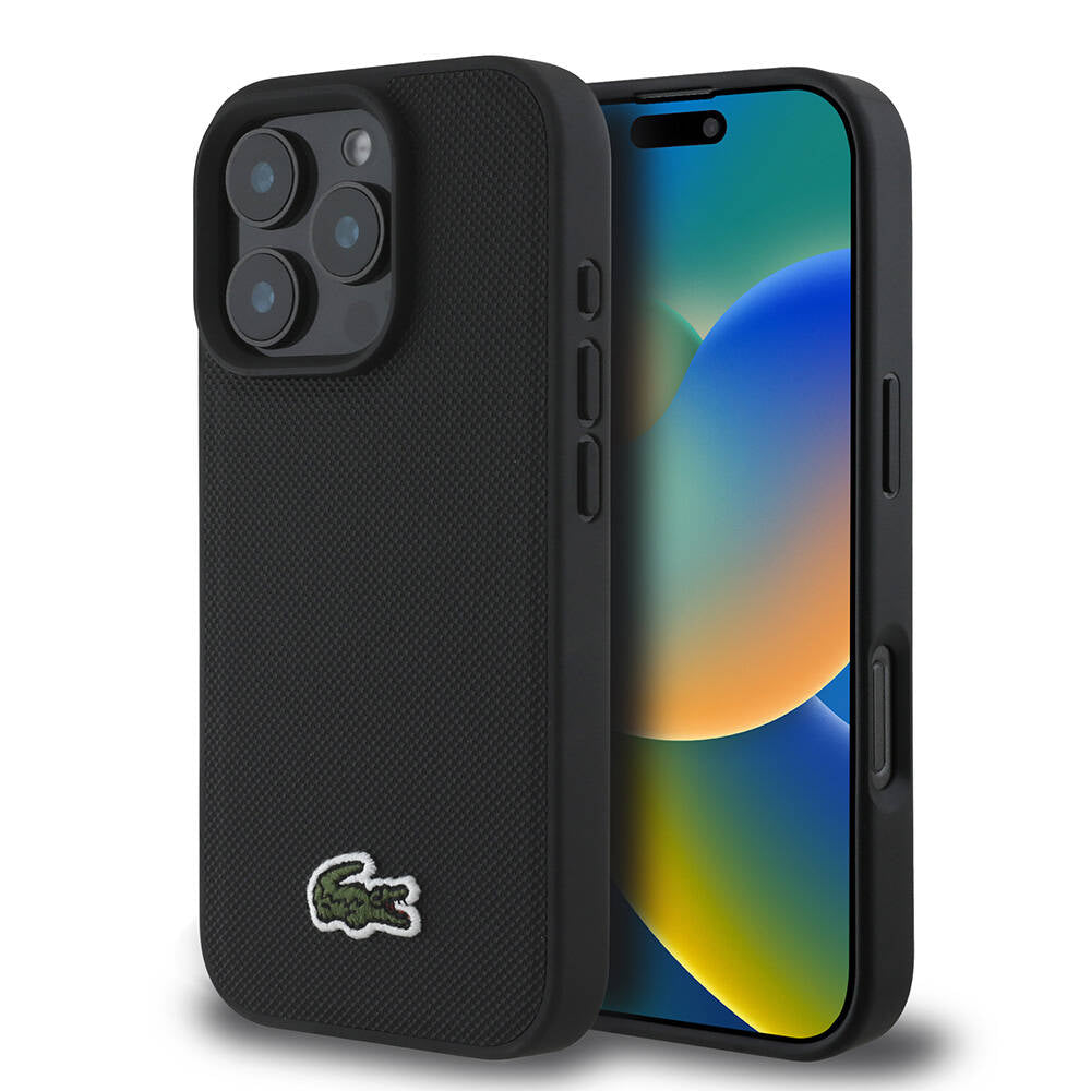 iPhone 16 Pro Max Kılıf Lacoste Orijinal Lisanslı PU Pike Desenli Arka Yüzey İkonik Timsah Dokuma Logolu Kılıf
