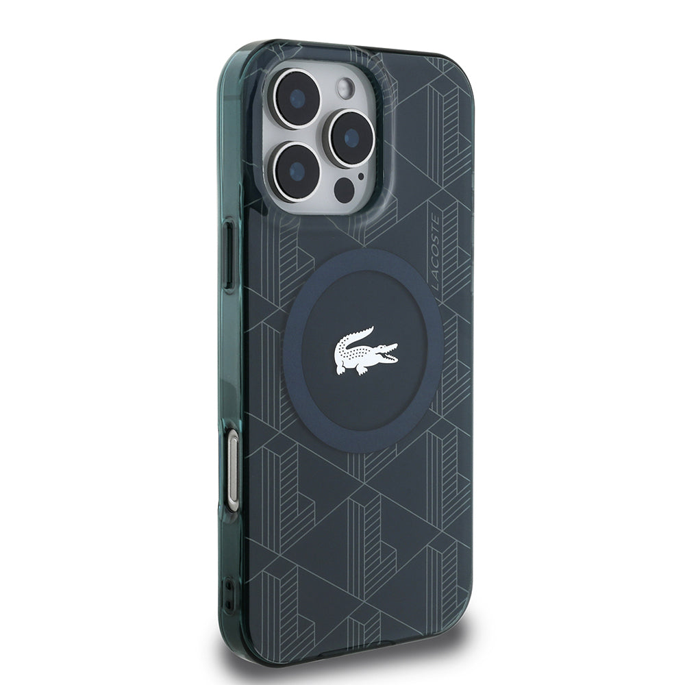 iPhone 16 Pro Max Kılıf Lacoste orijinal Lisanslı M-safe Şarj Özellikli IML Baskılı Gümüş Timsah Logolu Monogram Kılıf