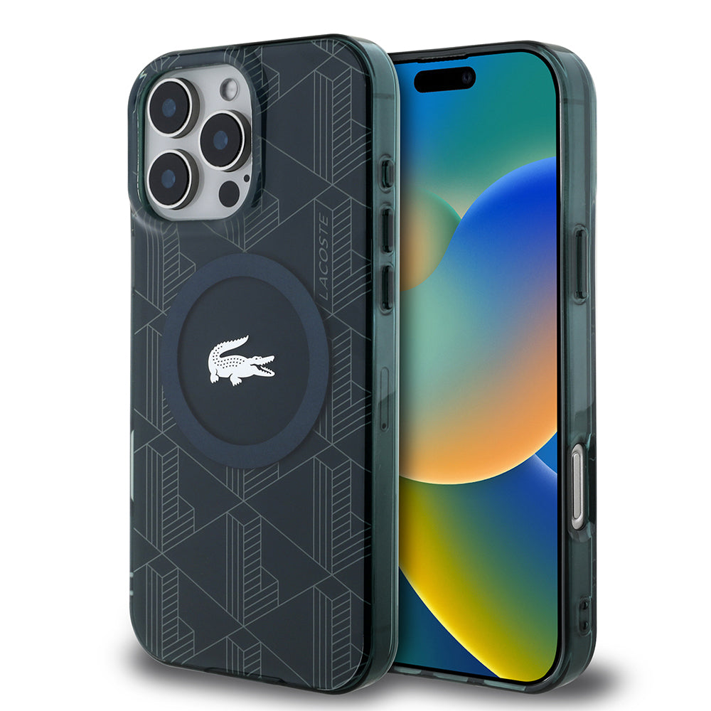 iPhone 16 Pro Max Kılıf Lacoste orijinal Lisanslı M-safe Şarj Özellikli IML Baskılı Gümüş Timsah Logolu Monogram Kılıf