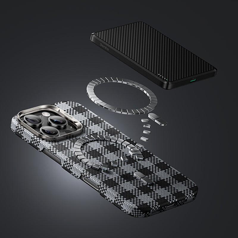 iPhone 16 Pro Max Kılıf M-safe Şarj Özellikli Ekose Tasarımlı Benks ArmorVichy Kevlar Karbon Kılıf
