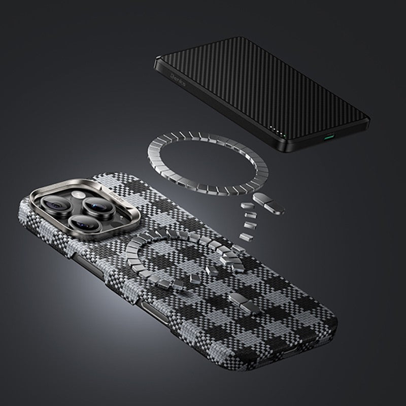 iPhone 16 Pro Max Kılıf M-safe Şarj Özellikli Ekose Tasarımlı Benks ArmorVichy Kevlar Karbon Kılıf