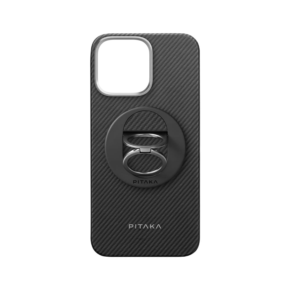 iPhone 16 Pro Max Kılıf M-safe Şarj Özellikli Grip 3 Standlı 600D Aramid Karbon Fiber Pitaka Ultra-Slim Classic Serisi Black-Grey Twill Kılıf