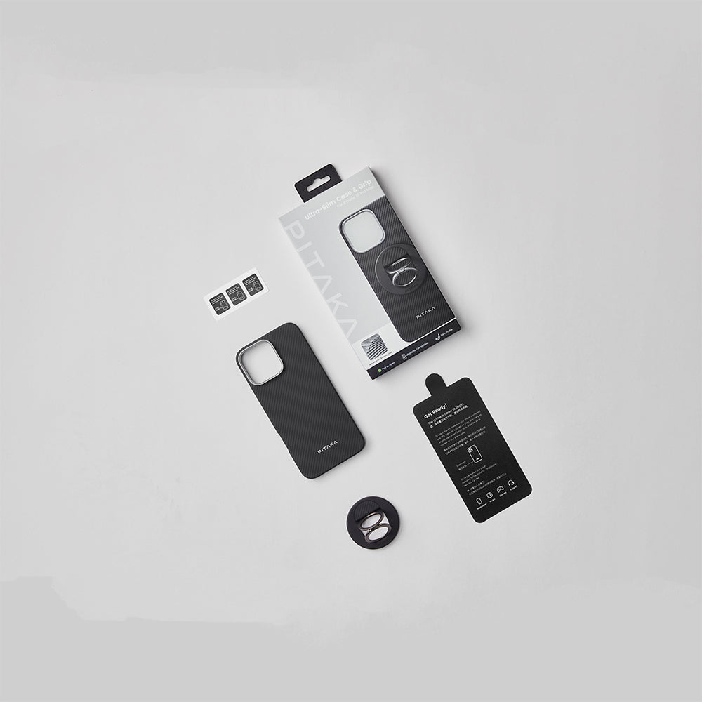 iPhone 16 Pro Max Kılıf M-safe Şarj Özellikli Grip 3 Standlı 600D Aramid Fiber Pitaka Ultra-Slim Classic Serisi Black-Grey Twill Kılıf