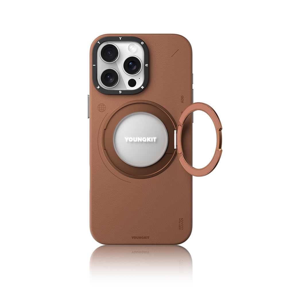 iPhone 16 Pro Max Kılıf M-safe Şarj Özellikli 360° Standlı Basit Mat Deri Desenli Youngkit Tech Leather Serisi Kılıf