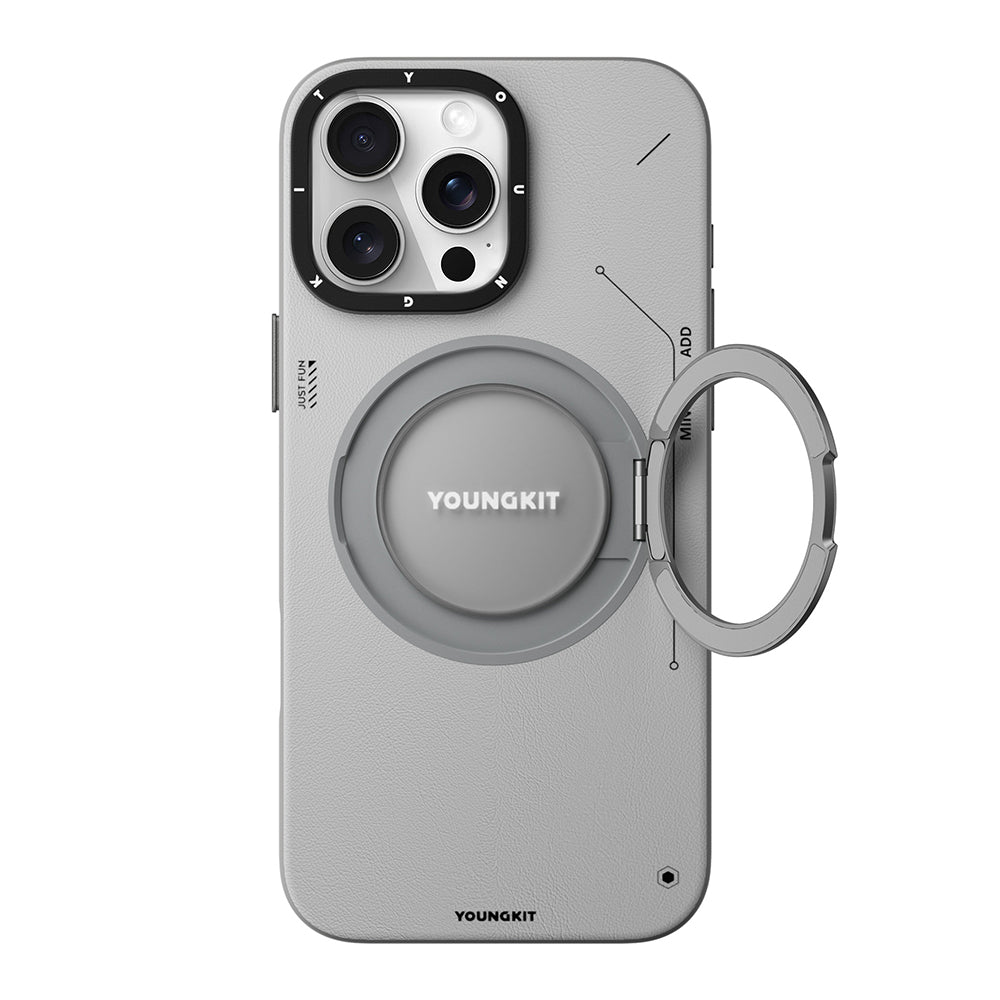 iPhone 16 Pro Max Kılıf M-safe Şarj Özellikli 360° Standlı Basit Mat Deri Desenli Youngkit Tech Leather Serisi Kılıf