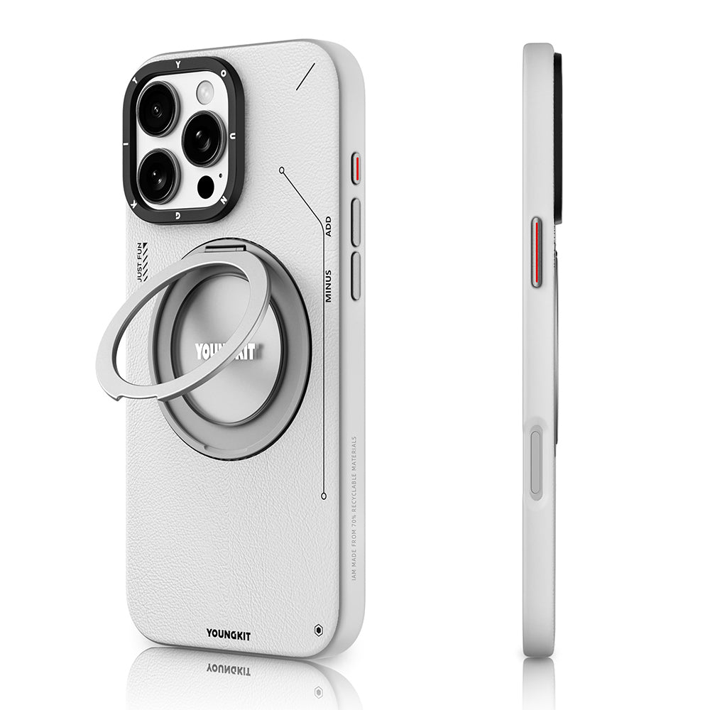 iPhone 16 Pro Max Kılıf M-safe Şarj Özellikli 360° Standlı Basit Mat Deri Desenli Youngkit Tech Leather Serisi Kılıf