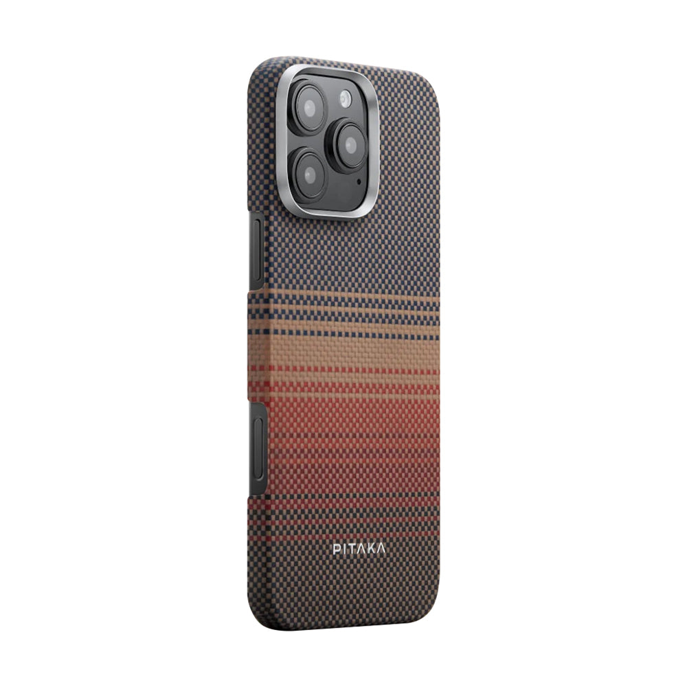 iPhone 16 Pro Max Kılıf M-safe Şarj Özellikli Aramid Karbon Fiber Pitaka Tactile Woven Sunset-Moonrise Serisi Sunset Kılıf