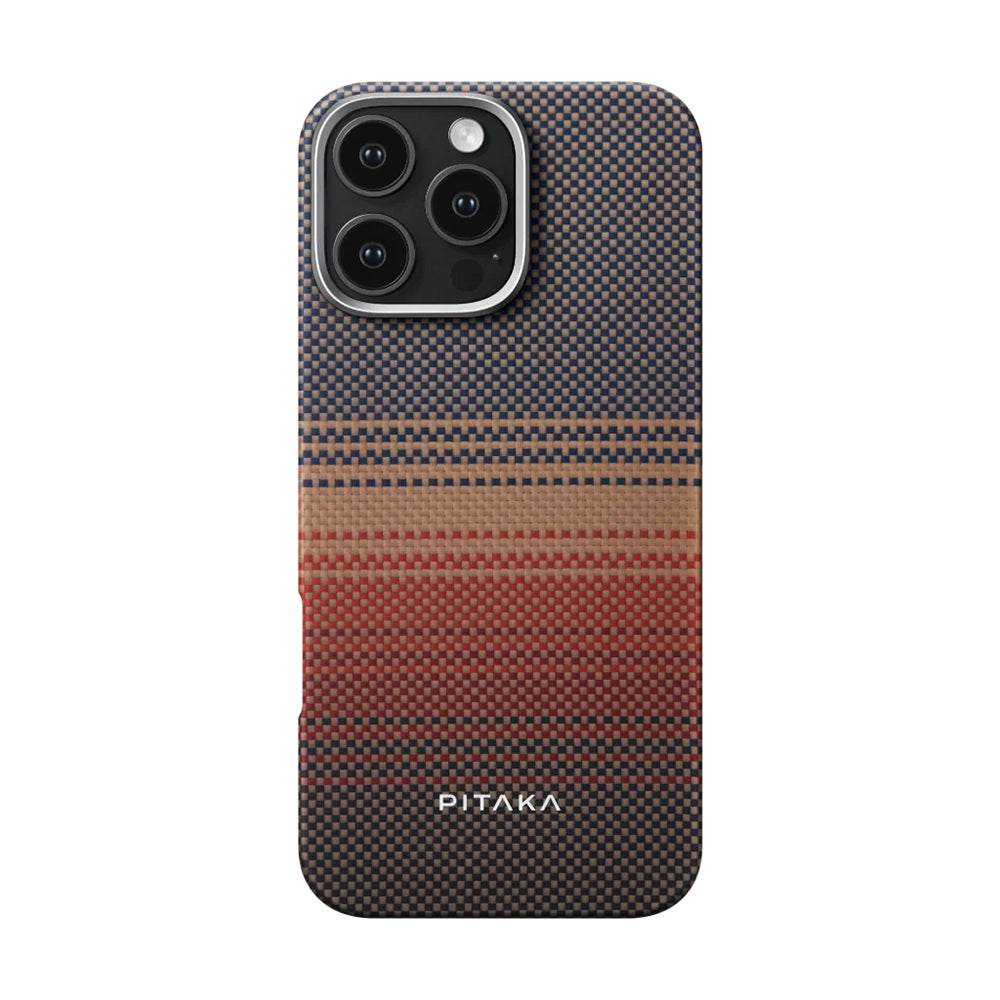 iPhone 16 Pro Max Kılıf M-safe Şarj Özellikli Aramid Karbon Fiber Pitaka Tactile Woven Sunset-Moonrise Serisi Sunset Kılıf