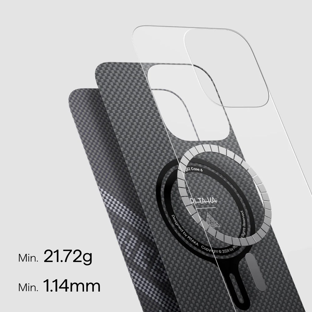 iPhone 16 Pro Max Kılıf M-safe Şarj Özellikli Aramid Karbon Fiber Re-TROS Tasarımlı Pitaka Tactile Woven Rebuilding Serisi Kılıf