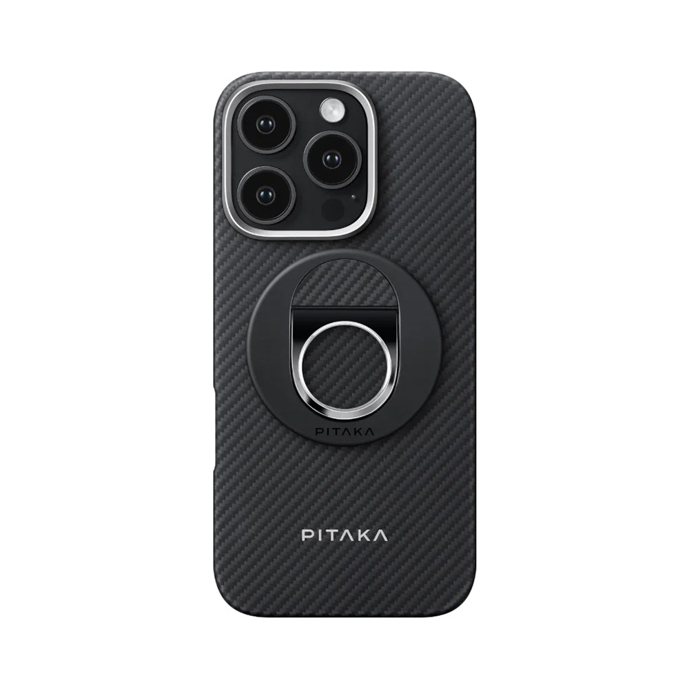 iPhone 16 Pro Max Kılıf M-safe Şarj Özellikli Grip 3 Standlı Aramid Karbon Fiber Pitaka Military Grade Classic Serisi Black-Grey Twill Kılıf