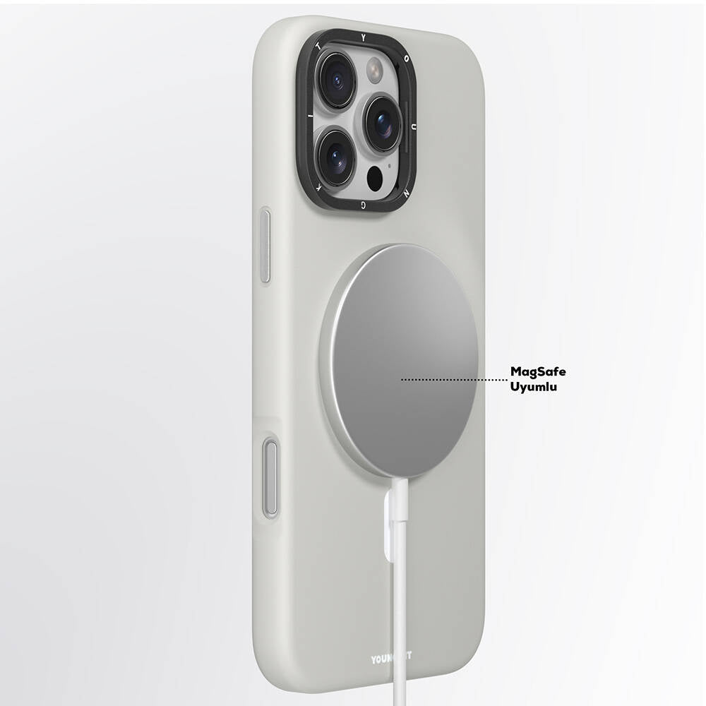 iPhone 16 Pro Max Kılıf M-safe Şarj Özellikli Kamera Standlı Youngkit Bitty Cream Kılıf