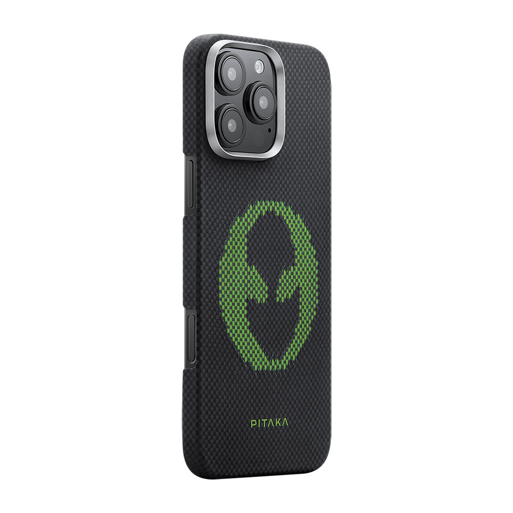 iPhone 16 Pro Max Kılıf M-safe Şarj Özellikli Lumintex Teknolojili Fosforlu Aramid Karbon Fiber Pitaka Tactile Woven Aries Serisi Alien Kılıf