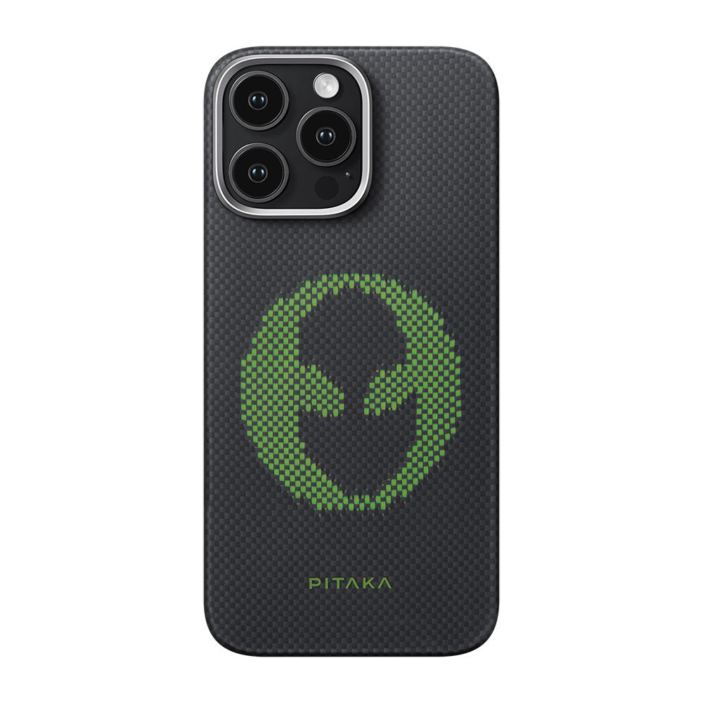 iPhone 16 Pro Max Kılıf M-safe Şarj Özellikli Lumintex Teknolojili Fosforlu Aramid Karbon Fiber Pitaka Tactile Woven Aries Serisi Alien Kılıf