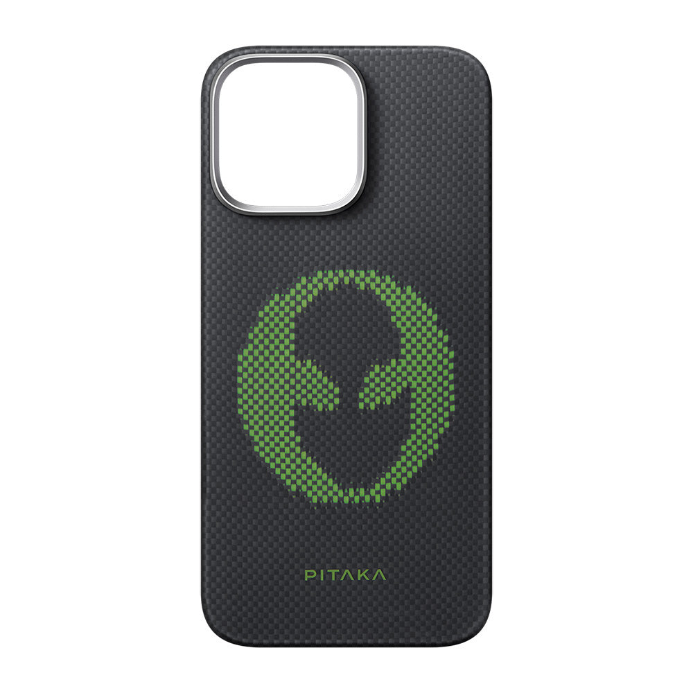 iPhone 16 Pro Max Kılıf M-safe Şarj Özellikli Lumintex Teknolojili Fosforlu Aramid Karbon Fiber Pitaka Tactile Woven Aries Serisi Alien Kılıf
